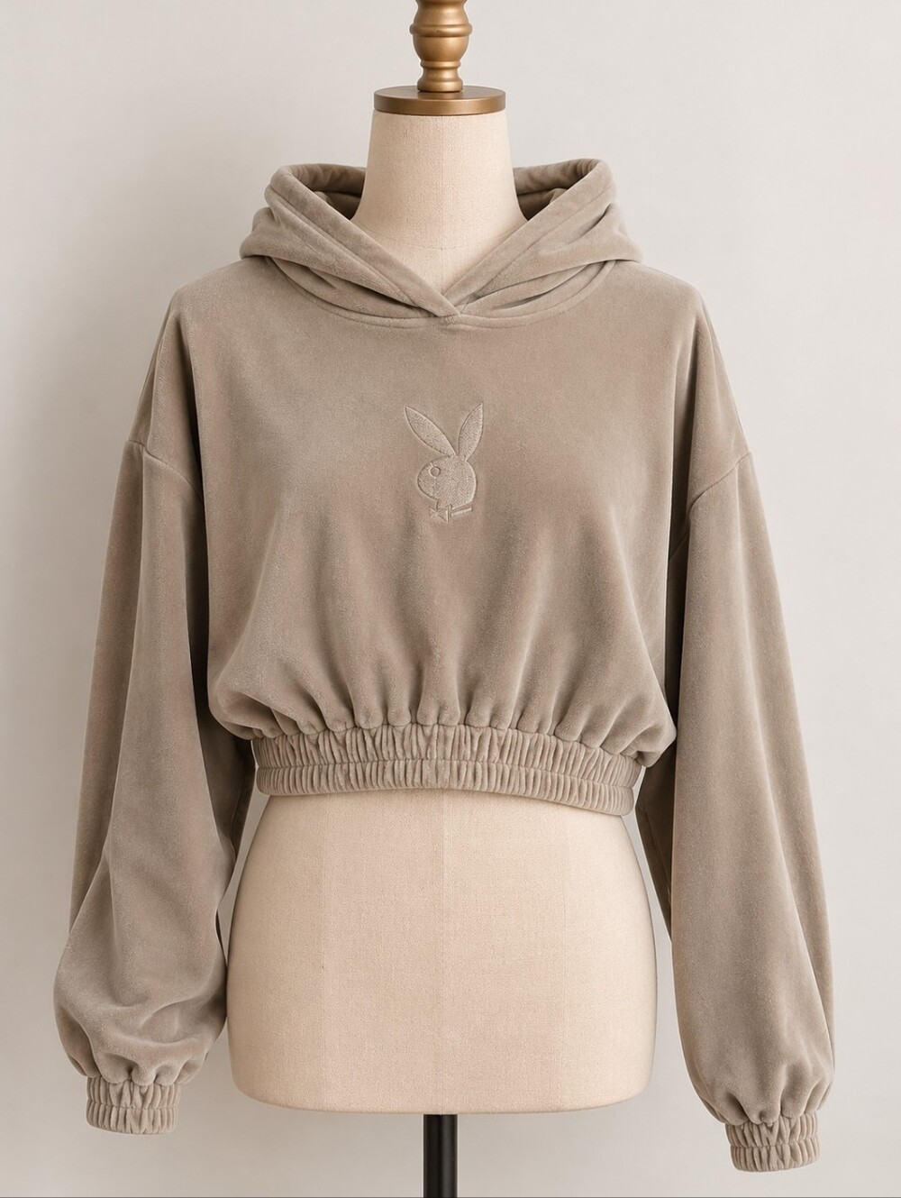 Playboy Women's Beige Velour Cropped Hoodie with Embroidered Bunny Logo